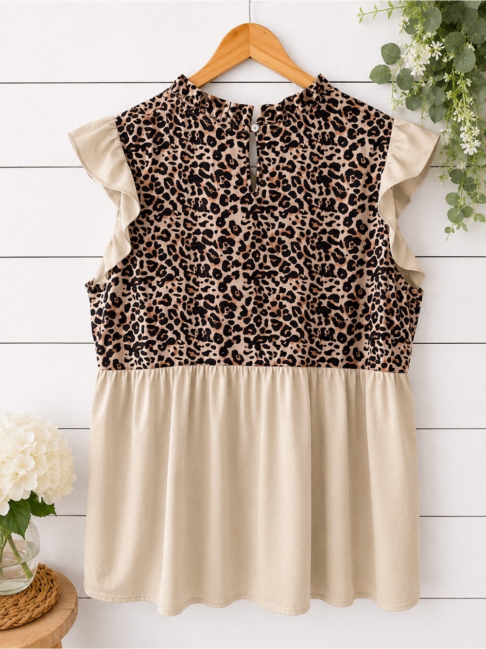 JODIFL Leopard Print Bodice with Cream Ruffle Sleeve Babydoll Top - Picture 2 of 2